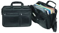 Leather Laptop Briefcase w/ Accordion Files & Multiple Pockets