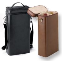 Wine Bottle Bag w/ Middle Divider - Top Compartment - Leather
